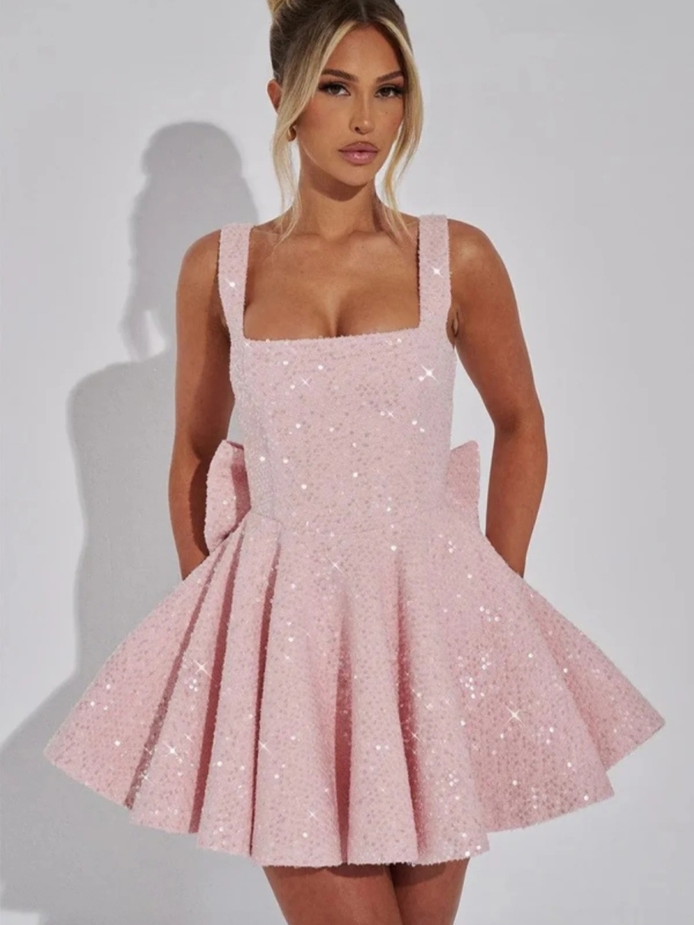 Sequin Square-Neck Pink Mini Dress with Full Skirt